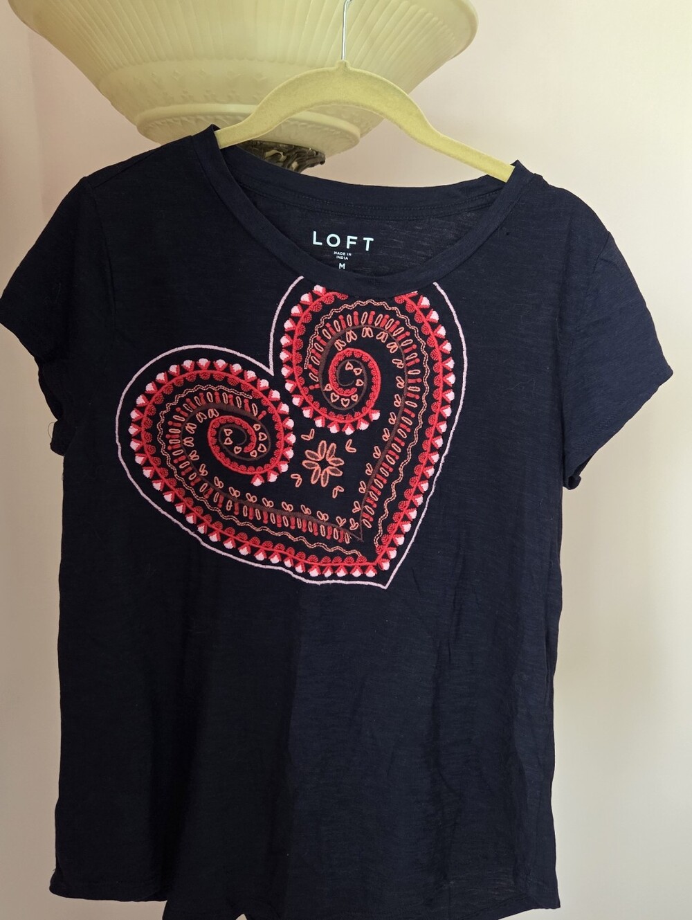 LOFT 100% Cotton  Black Tee with Red & Pink Heart Embroidery